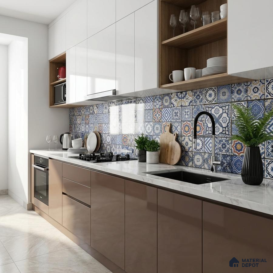 Modern kitchen with glossy brown laminate, white quartz countertop, and blue moroccan patterned backsplash tiles