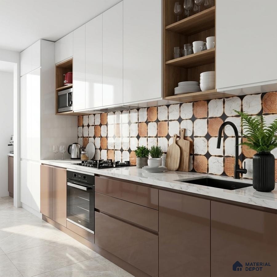 Modern kitchen with glossy brown and white laminate, quartz countertop, and geometric patterned backsplash tiles