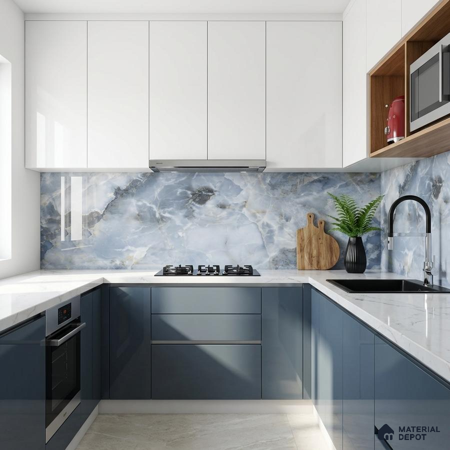 Modern kitchen with blue high gloss laminate, white laminate, and blue marble-look backsplash tile