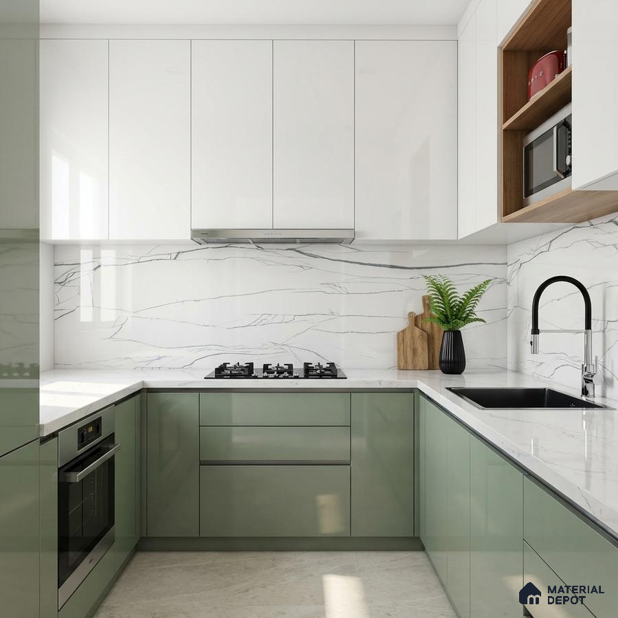 Modern dual tone kitchen with sage green and frosty white high gloss laminate, white marble-look backsplash and countertop