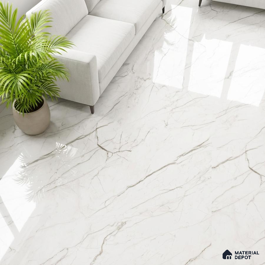 Modern living room with white marble-look polished floor tiles and neutral sofa