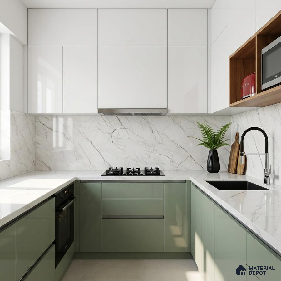 Modern kitchen with sage green and white laminate, white marble-look backsplash and countertop