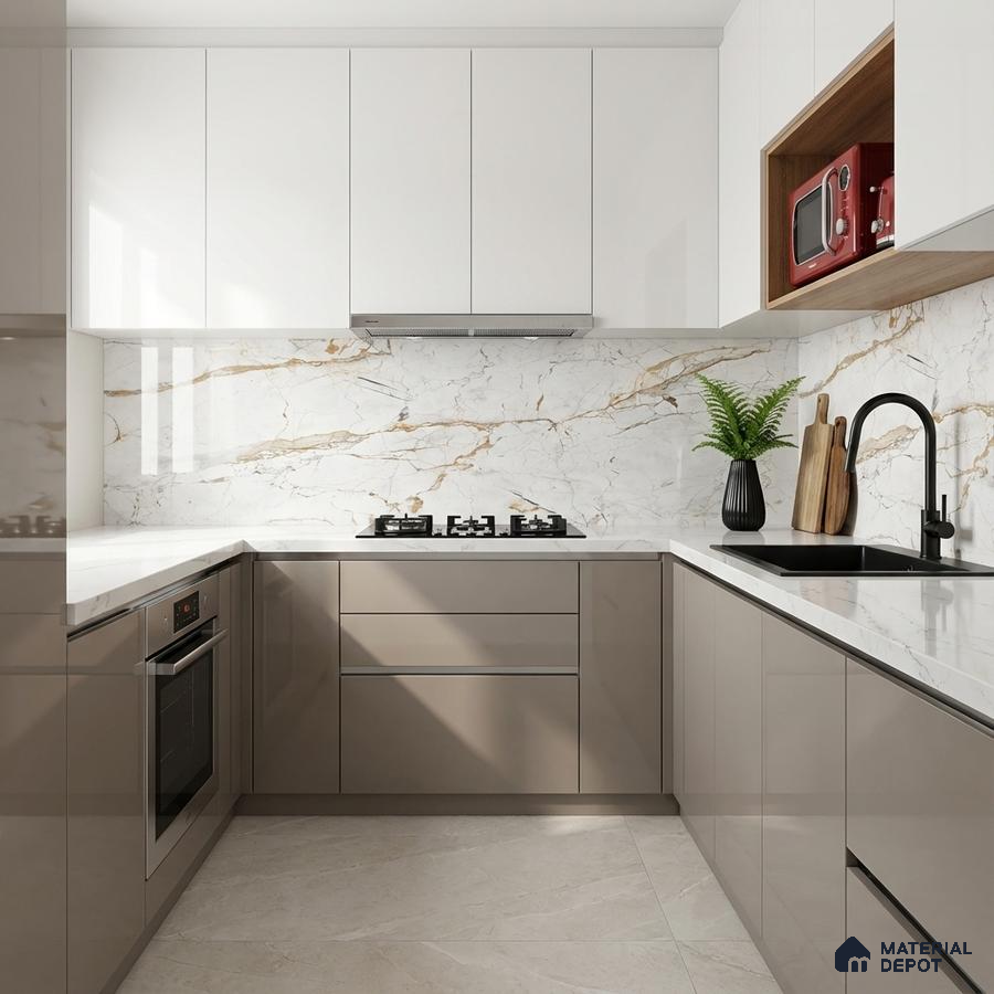 Modern kitchen with glossy taupe and white laminate, calacatta marble-look backsplash, and white quartz countertop