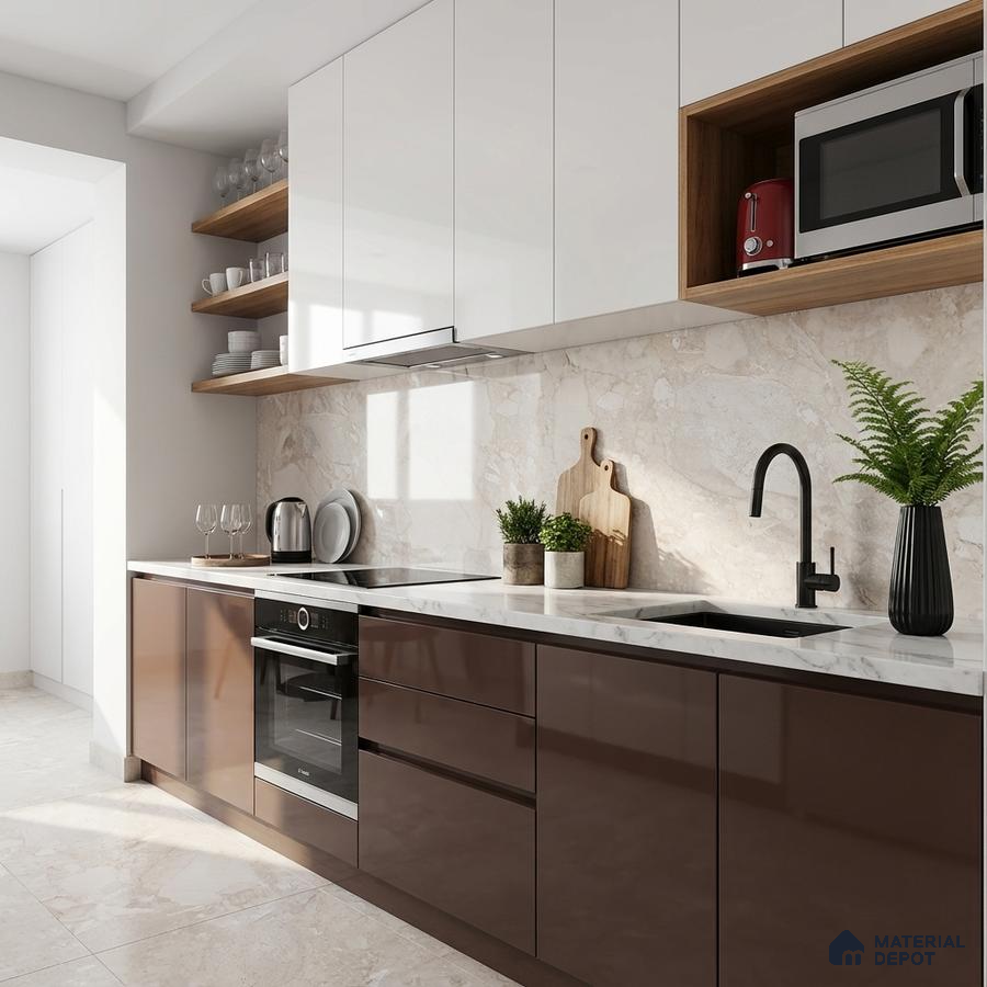 Modern kitchen with glossy brown and frosty white laminate, marble-look backsplash, and white quartz countertop