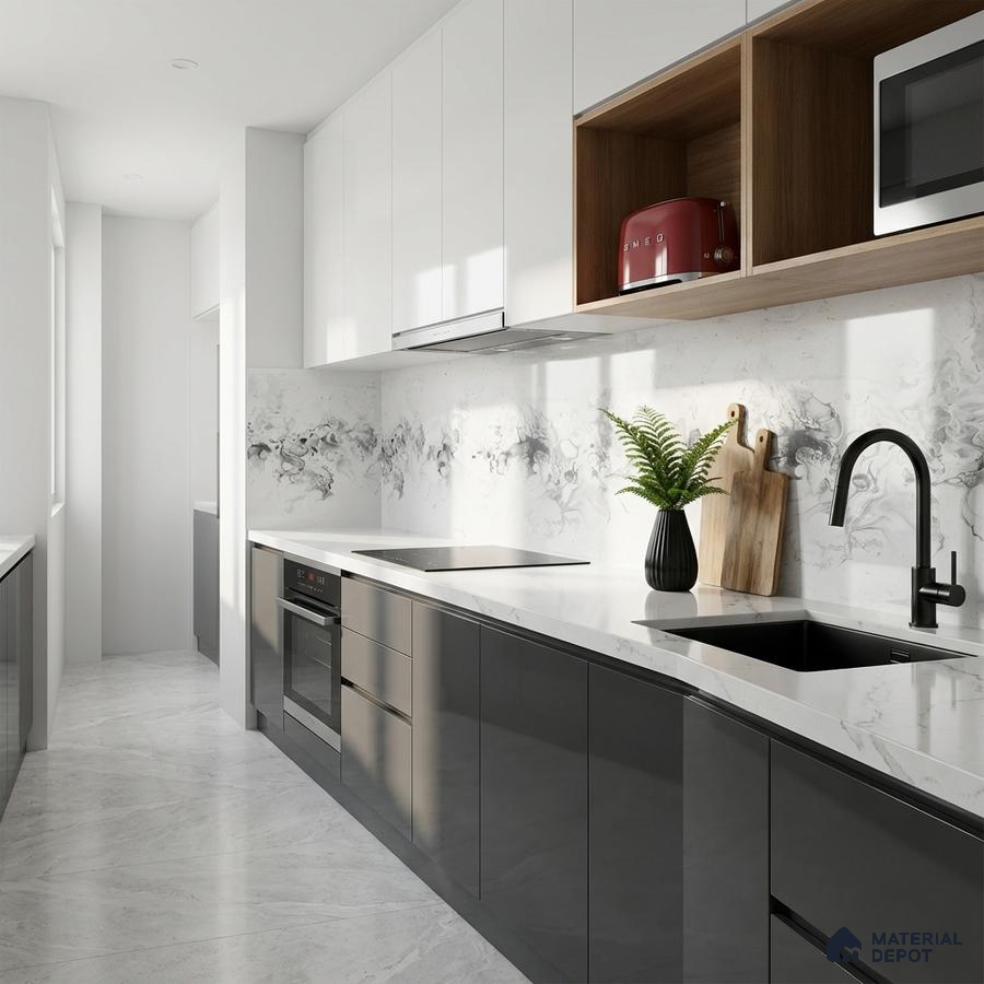 Modern parallel kitchen with glossy grey and white laminate, marble-look quartz countertop, and marble backsplash