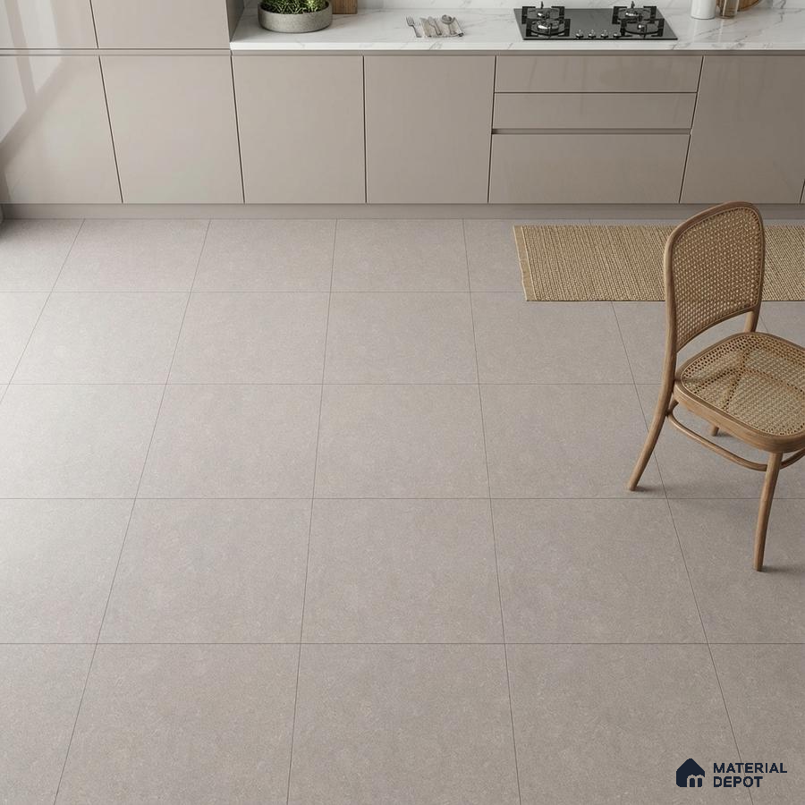 Minimalist kitchen with taupe glossy laminate cabinets and light grey stone floor tiles