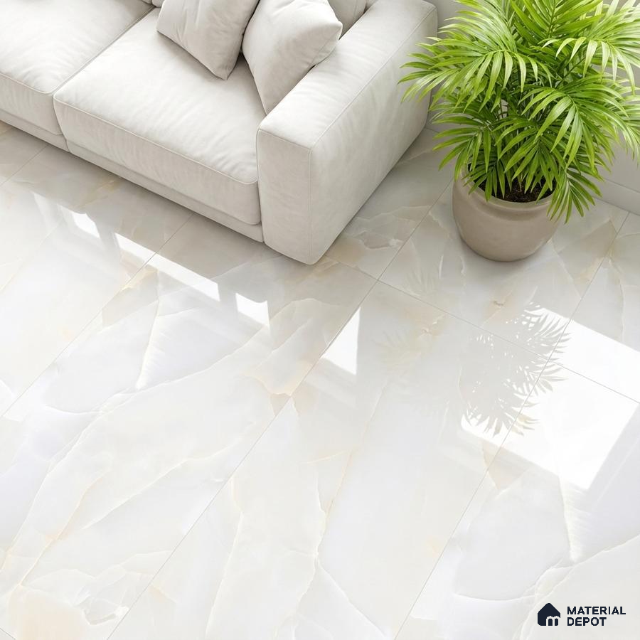 Modern living room with glossy ivory marble-look floor tiles and off-white fabric sofa