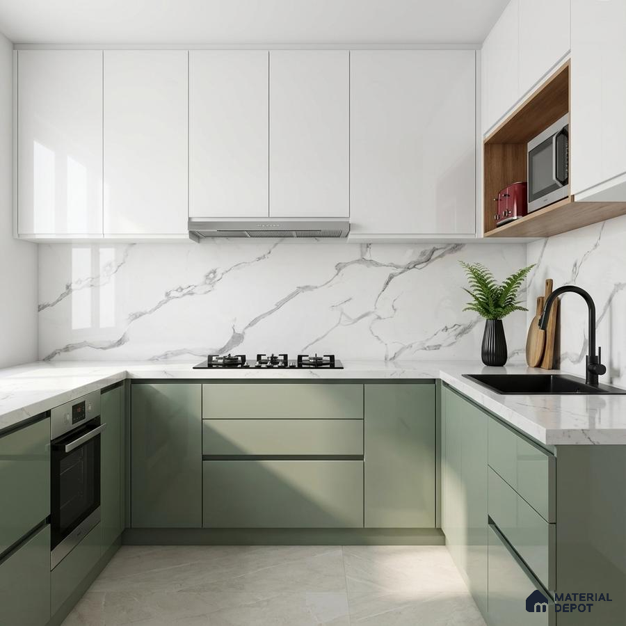 Modern dual tone kitchen with sage green and frosty white laminate, marble-look backsplash and countertop