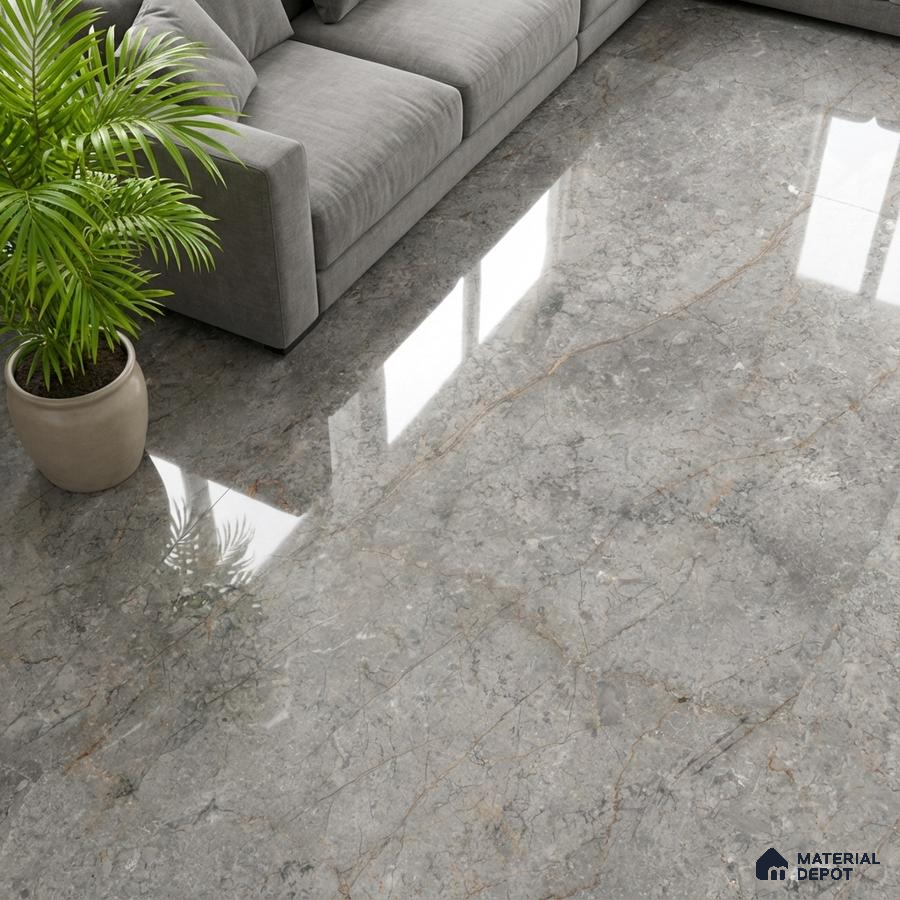 Modern living room with grey marble-look polished floor tile and grey fabric sofa