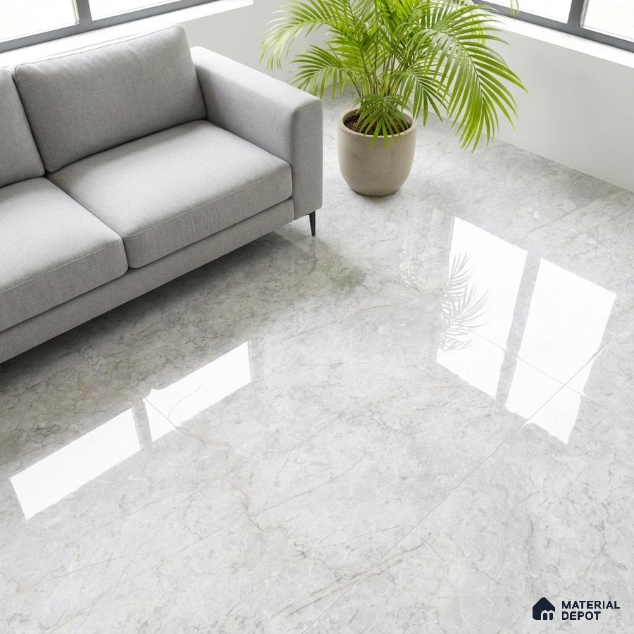 Minimalist living room with light grey marble-look polished floor tiles and modern grey sofa