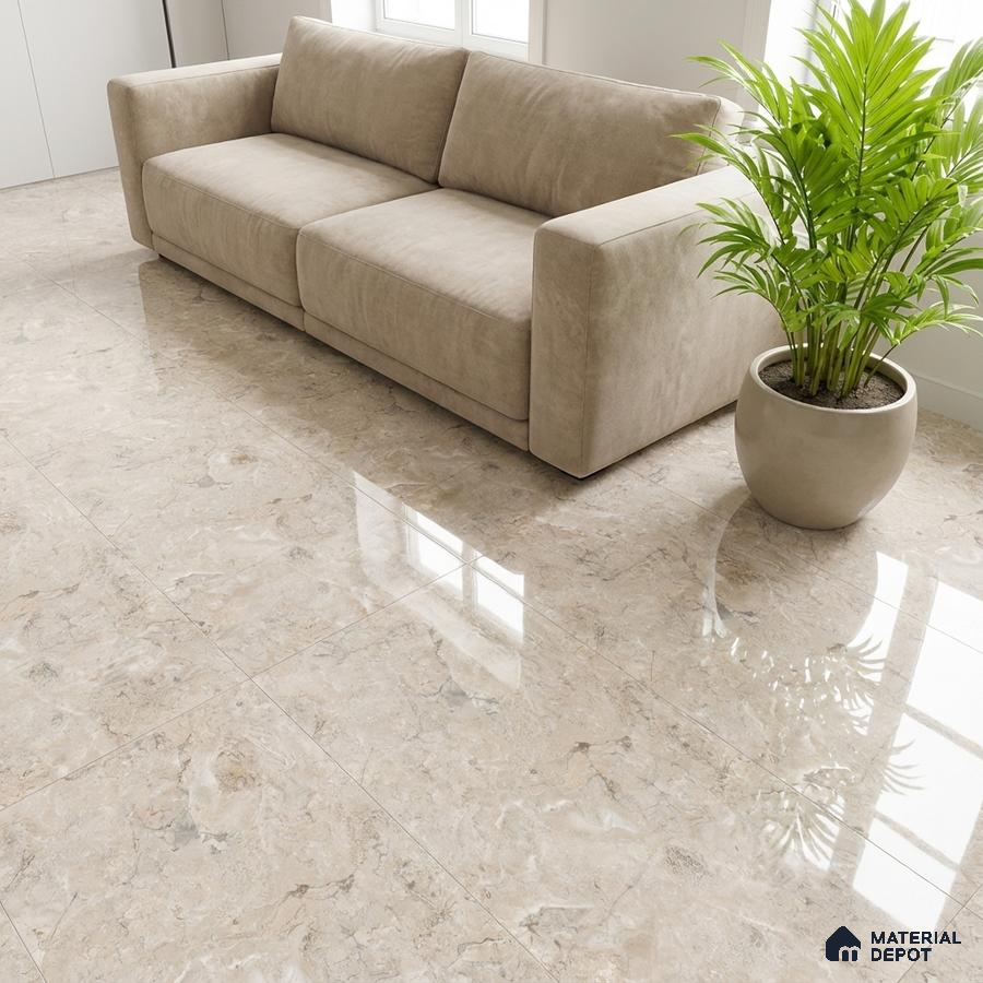 Modern living room with beige marble floor tiles and suede upholstered sofa