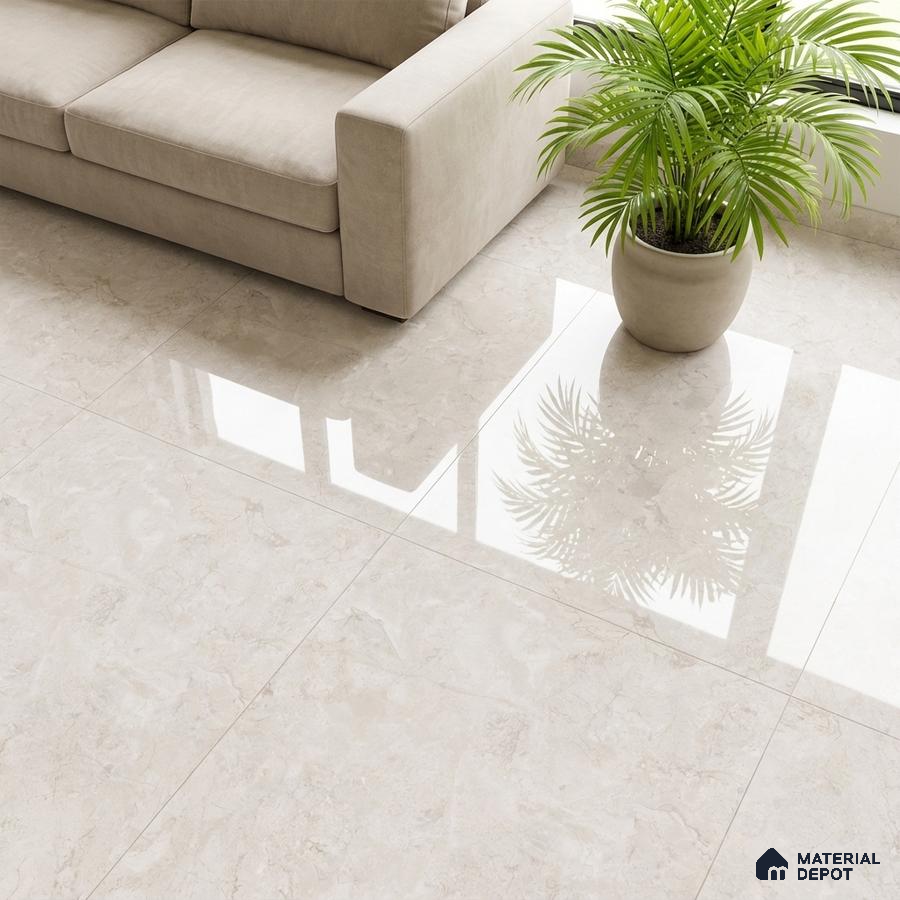 Modern living room with beige marble-look glossy floor tiles and neutral sofa