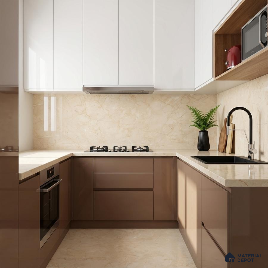 Modern U-shaped kitchen with glossy white and cappuccino laminate, beige marble backsplash and countertop