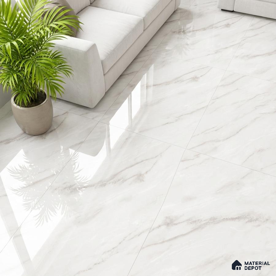 Modern living room with polished white marble-look floor tiles and neutral sofa