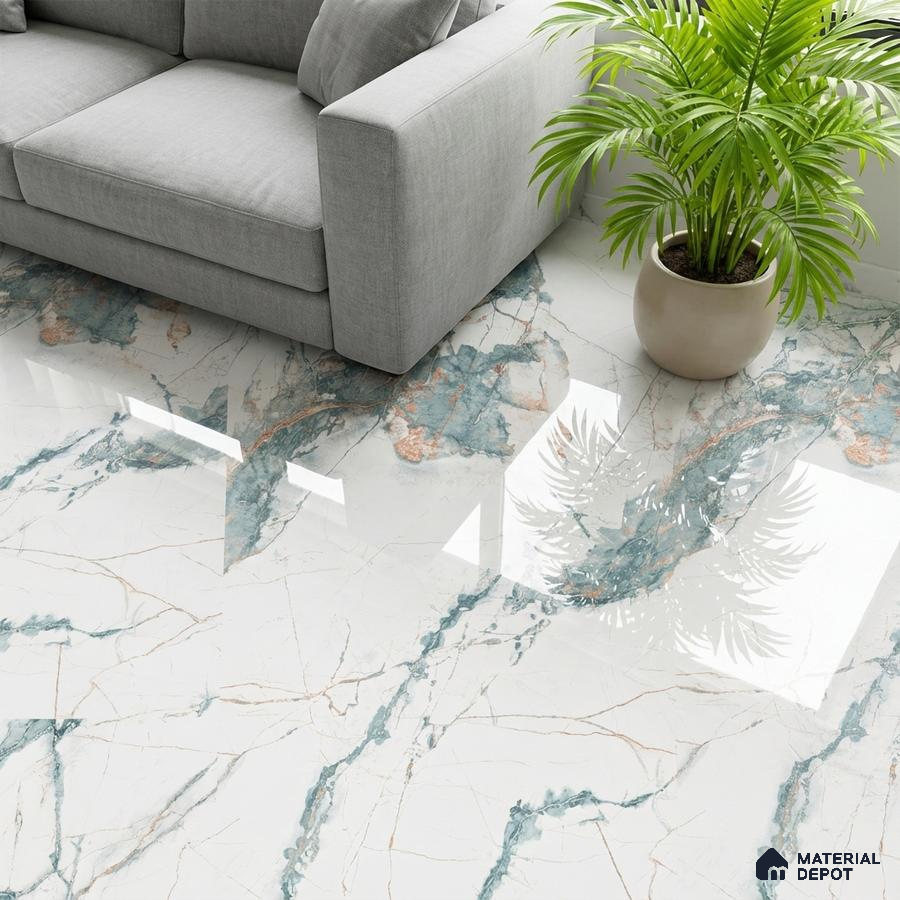 Modern living room with glossy marble-look floor tiles and grey sofa