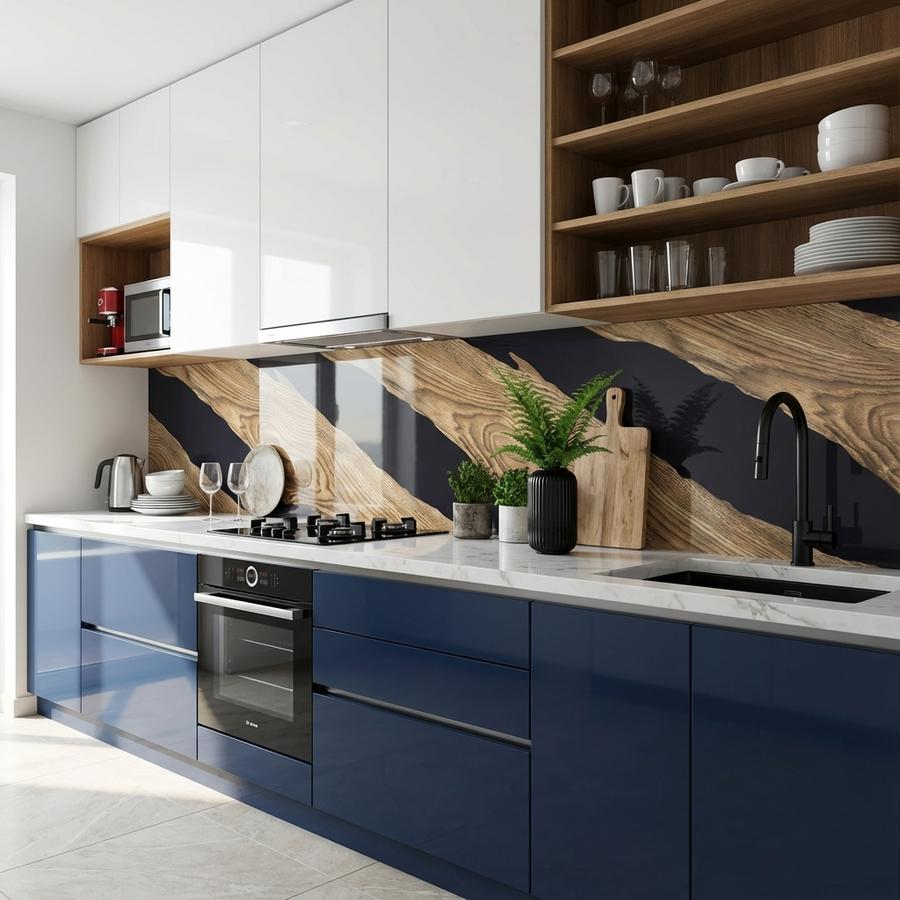 Modern kitchen with navy blue high gloss laminate, white quartz countertop, and wood grain patterned backsplash tile