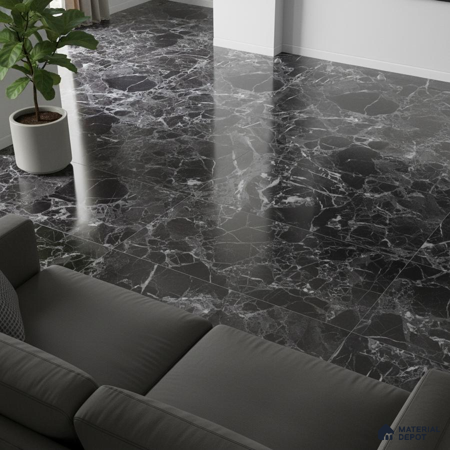 Modern living room with polished black marble floor tiles and grey sofa
