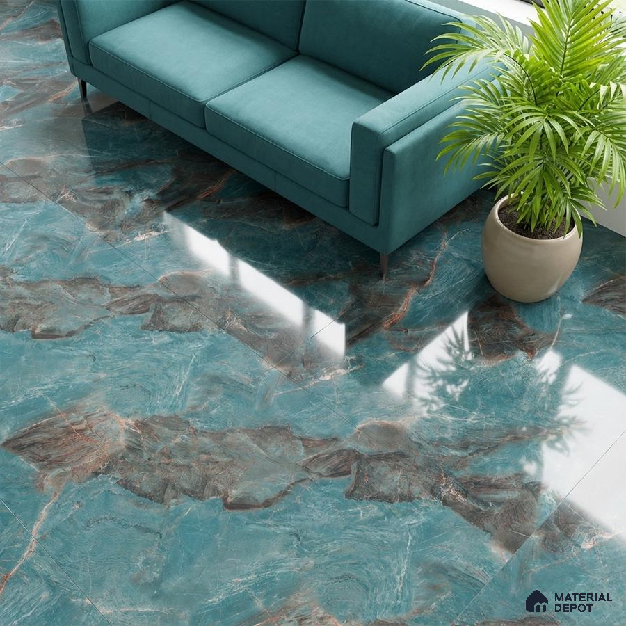 Modern living room with teal marble-look glossy floor tiles and teal fabric sofa