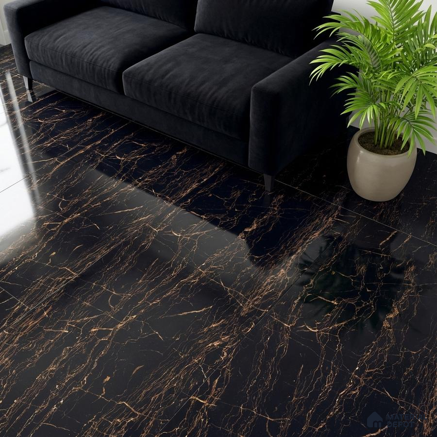 Modern living room with black marble-look floor tiles and velvet sofa