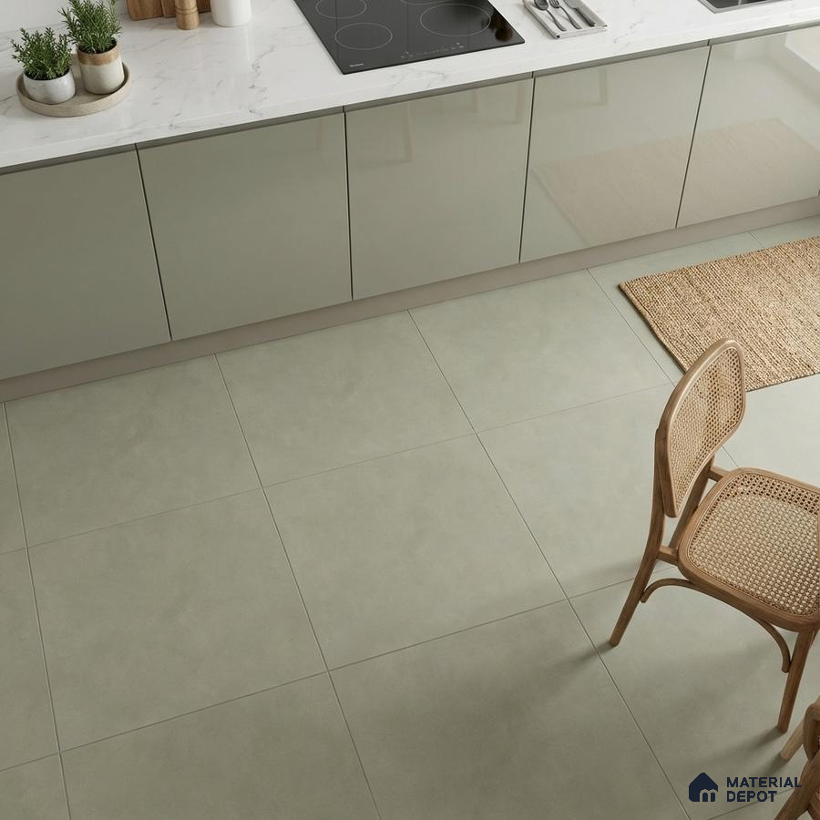 Minimalist kitchen with glossy taupe laminate cabinets, white marble-look countertop, and light beige floor tiles