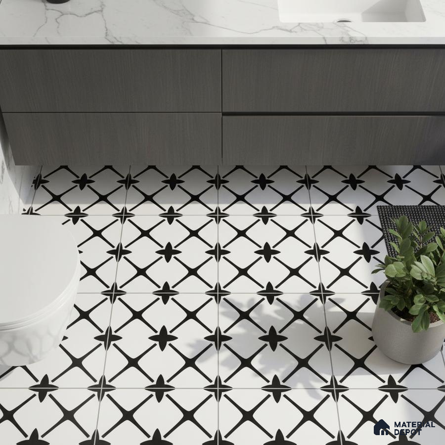 Modern bathroom with black-and-white geometric floor tiles and marble countertop