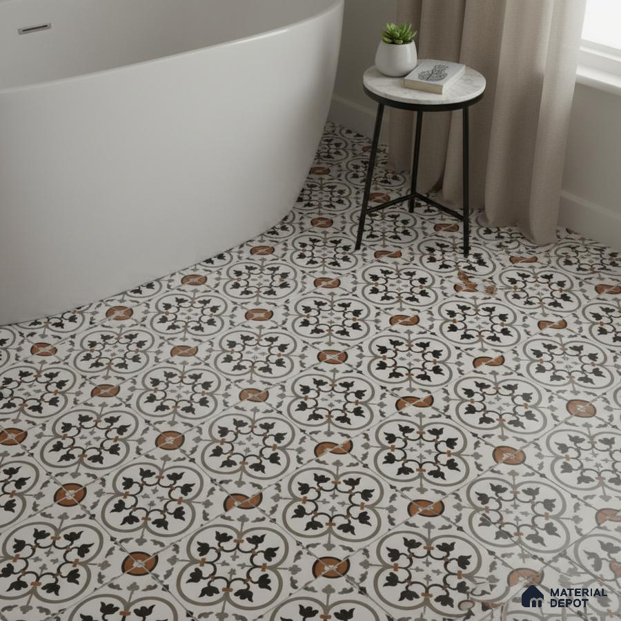 Modern bathroom with black and terracotta floral patterned floor tiles