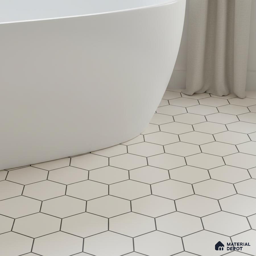 Minimalist bathroom with white hexagonal floor tiles and freestanding tub