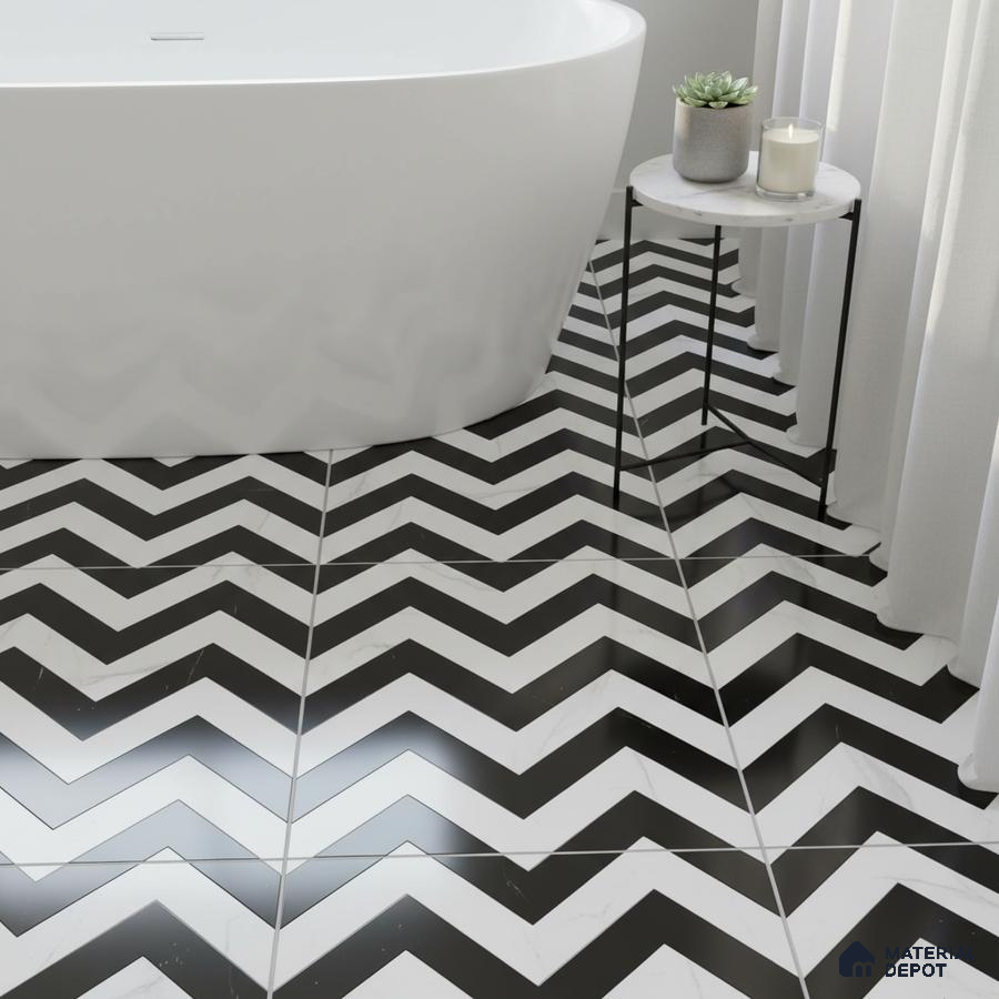 Modern bathroom with black-and-white chevron patterned floor tiles and freestanding tub