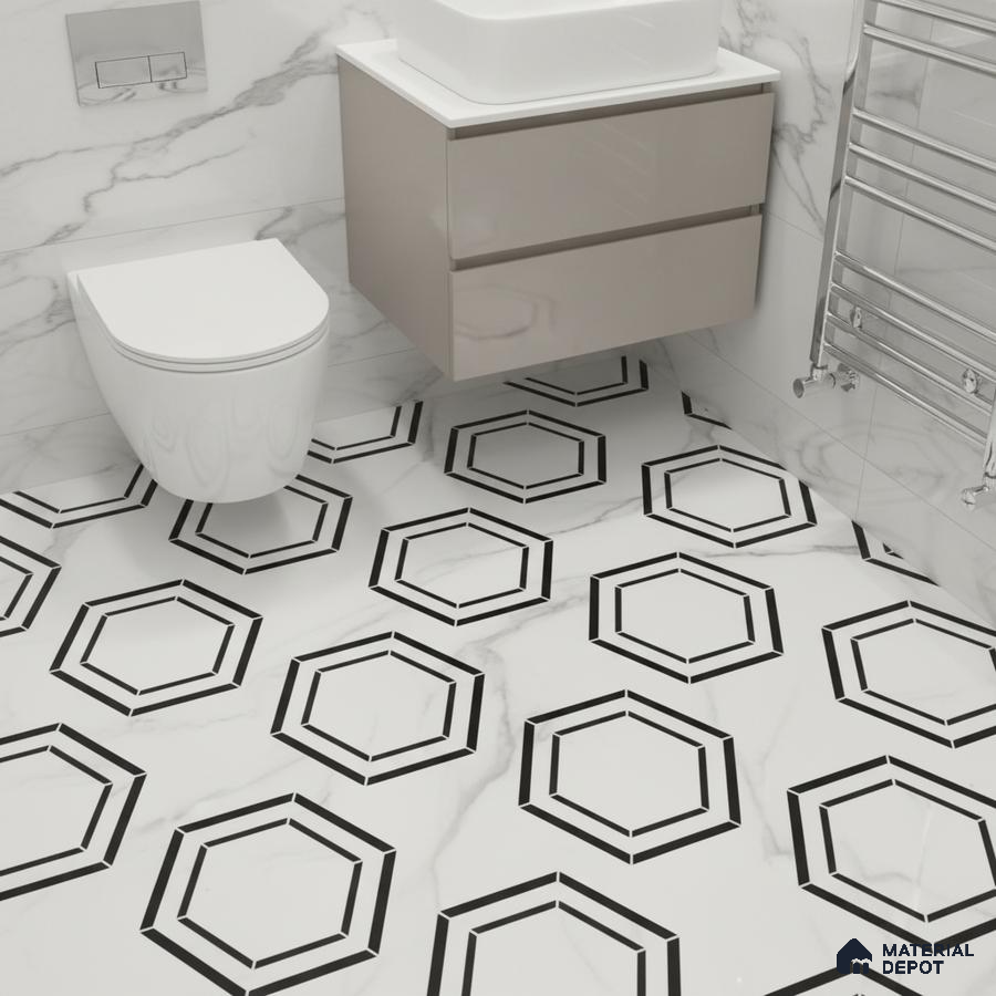 Modern bathroom with marble wall tiles and black-and-white geometric hexagonal floor tiles