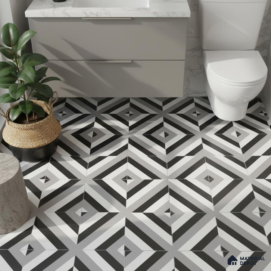 Modern bathroom with geometric black-and-white floor tiles and marble-look vanity countertop