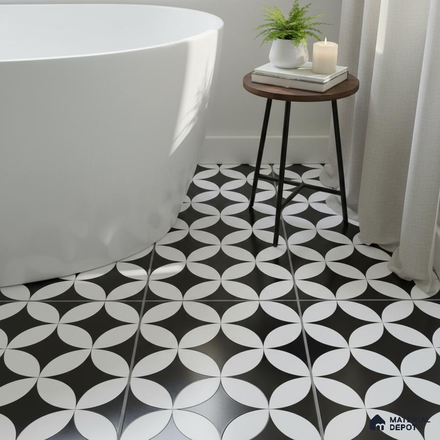 Modern bathroom with black-and-white geometric patterned floor tiles