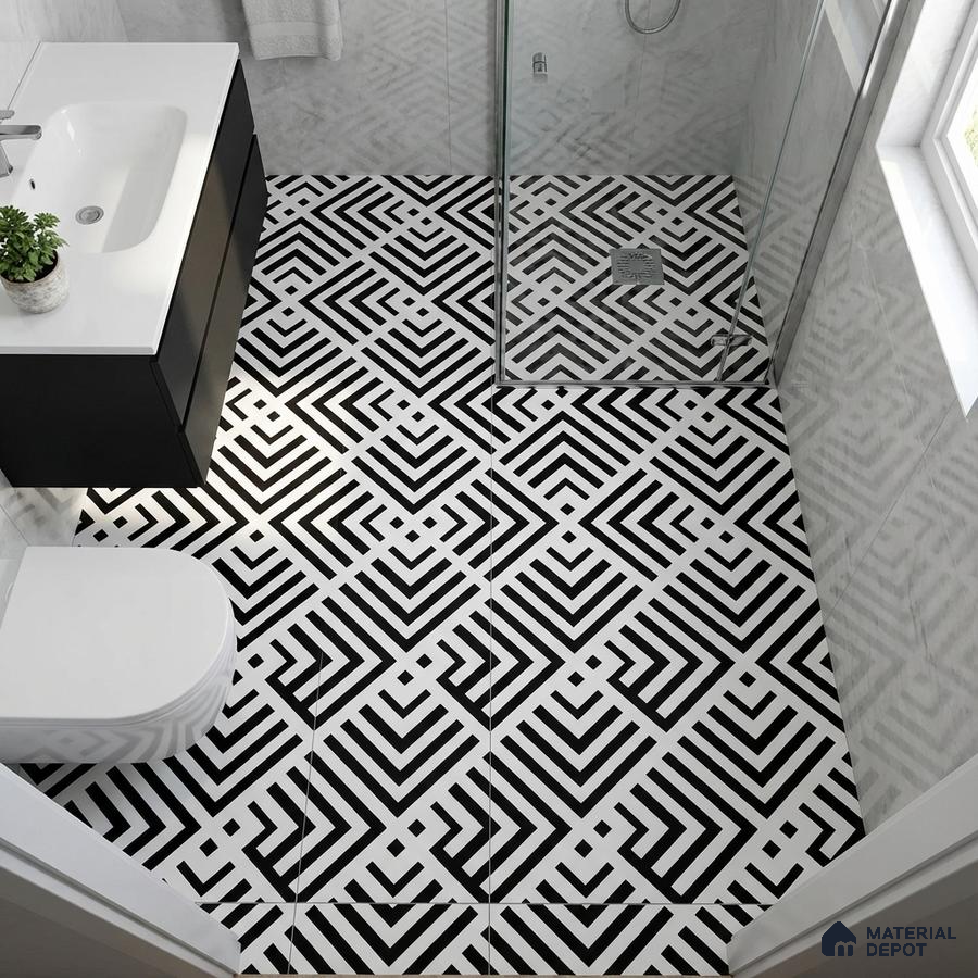 Modern bathroom with black-and-white geometric patterned floor tiles and white marble wall tiles