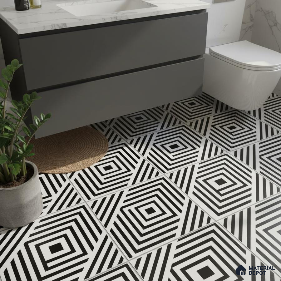 Modern bathroom with geometric black-and-white floor tiles and marble countertop vanity