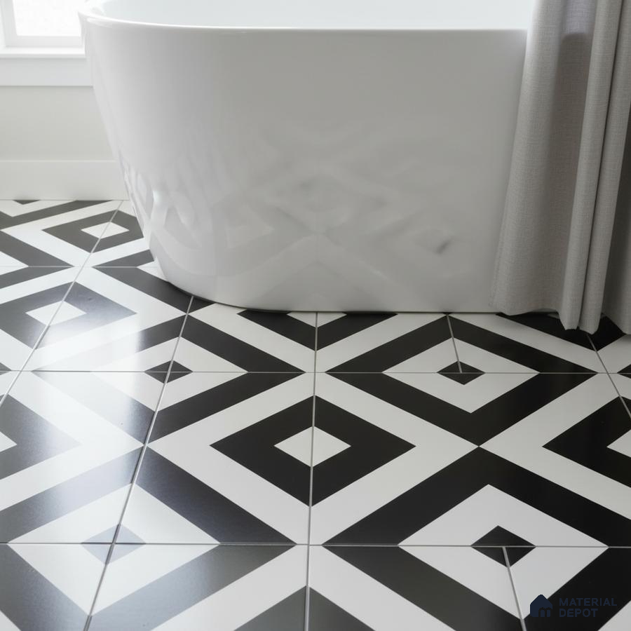 Modern bathroom with black-and-white geometric patterned floor tiles