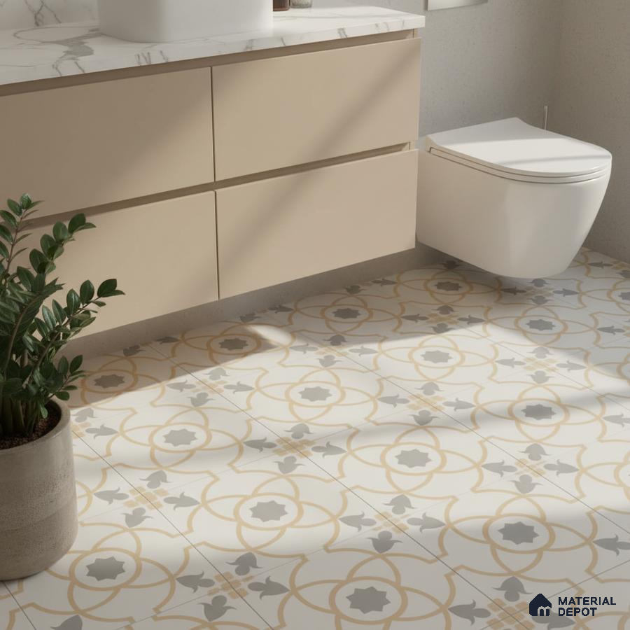 Modern bathroom with beige laminate vanity, marble countertop, and patterned floor tiles