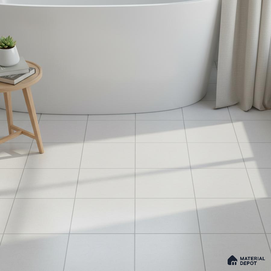 Minimalist bathroom with matte white floor tiles and freestanding tub
