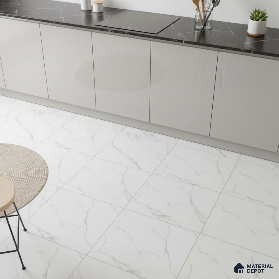 Minimalist kitchen with glossy grey laminate cabinets, black marble-look countertop, and white marble floor tiles