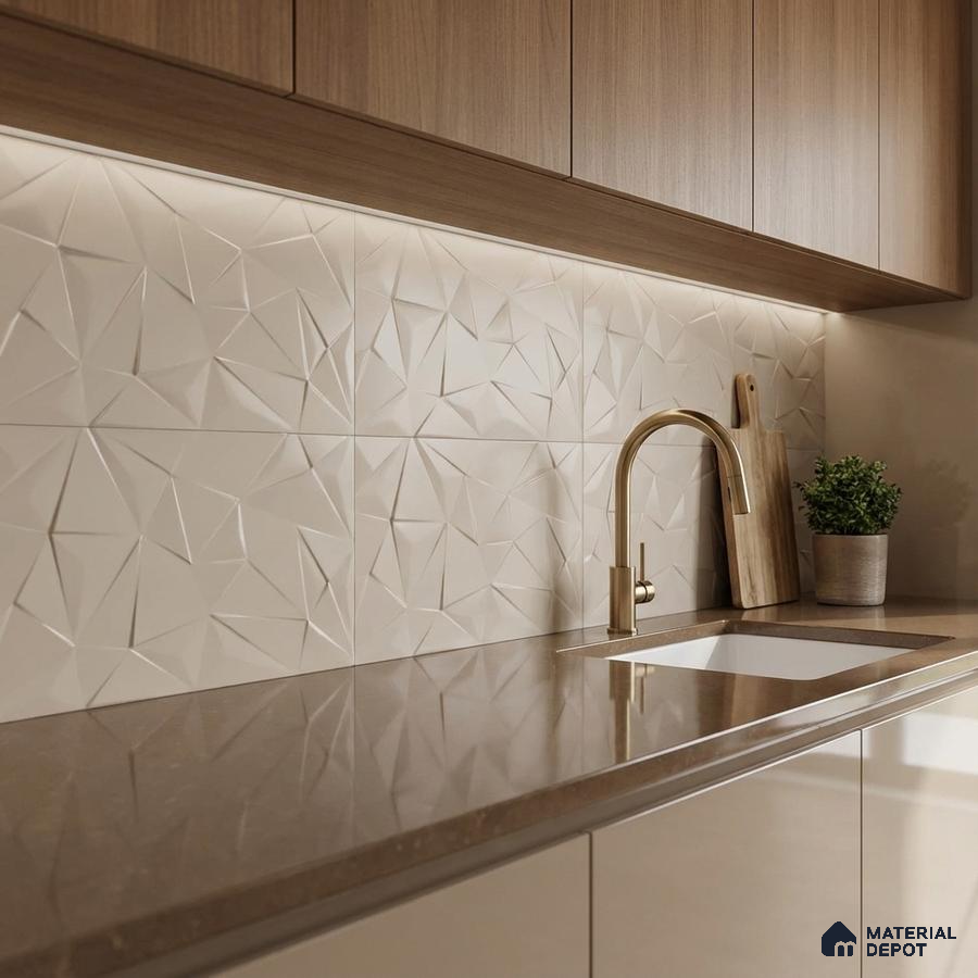 Modern kitchen with 3D geometric beige backsplash tile, brown quartz countertop, and light oak laminate cabinets