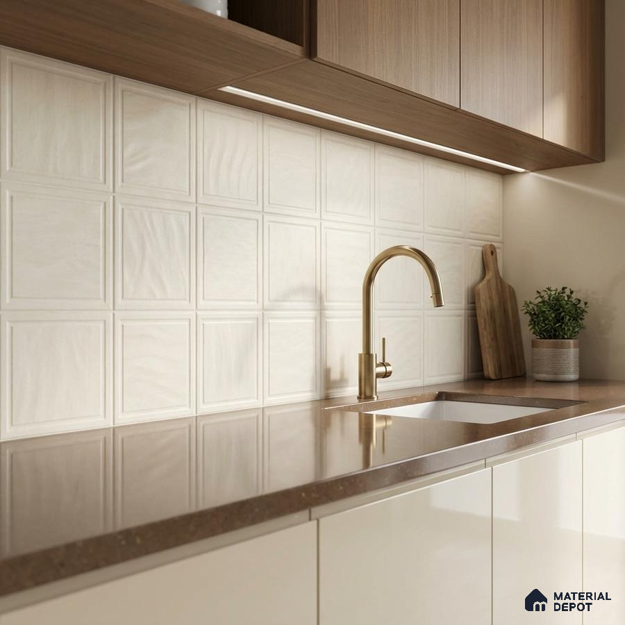 Modern kitchen with beige square wall tiles, brown quartz countertop, and light wood laminate cabinets