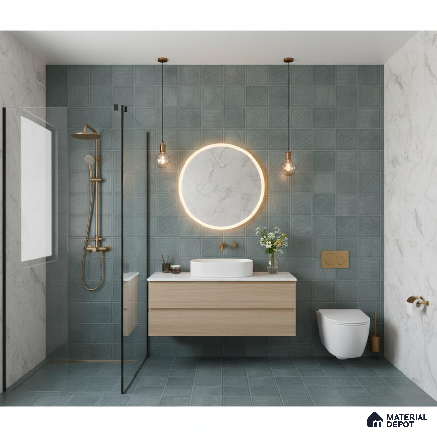 Modern bathroom with sage green square wall tiles, marble-look wall tiles, and light wood floating vanity