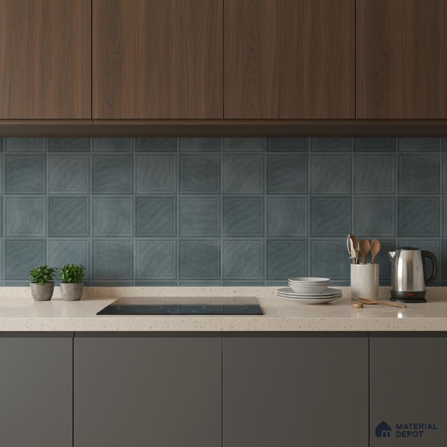 Modern kitchen with walnut laminate cabinets, blue square backsplash tiles, and beige quartz countertop