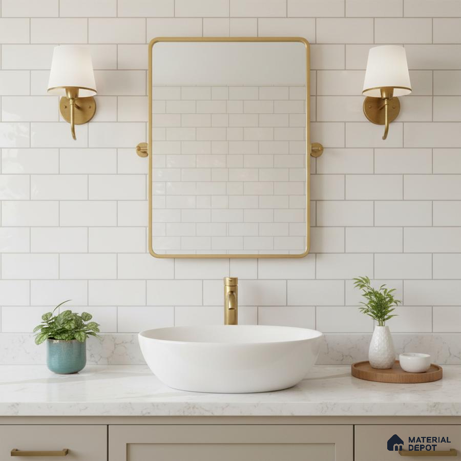 Modern bathroom with white subway wall tiles and white quartz countertop