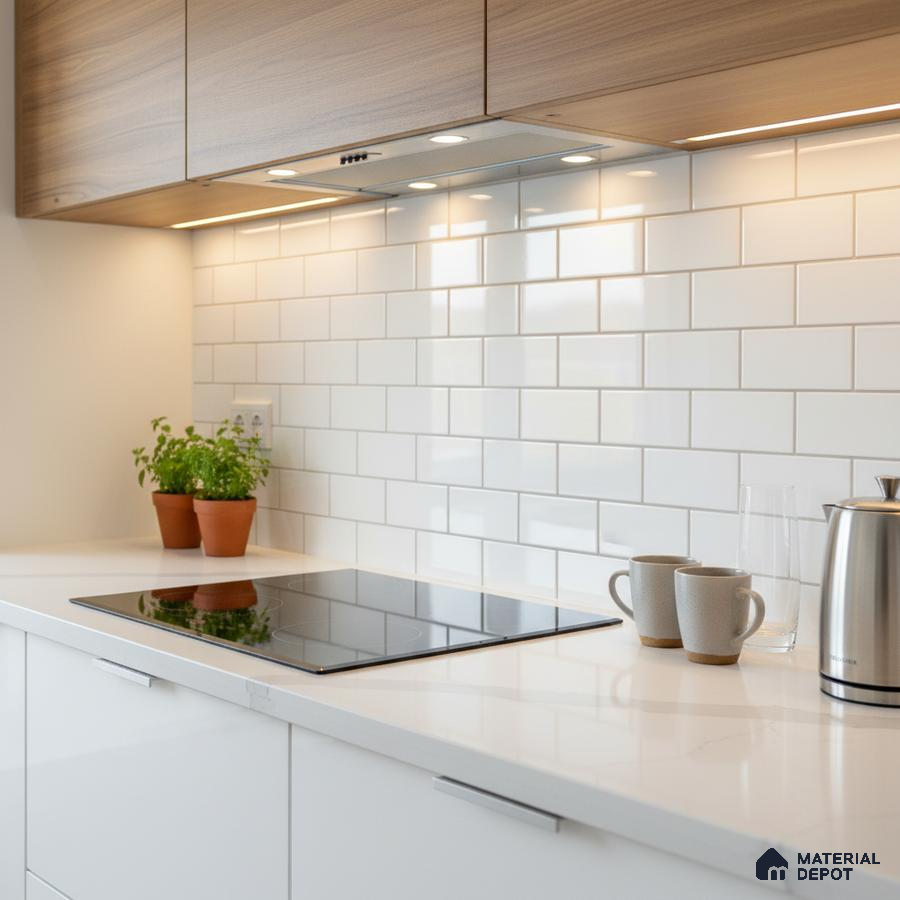 Modern kitchen with white quartz countertop, white subway backsplash tile, and light oak laminate cabinets