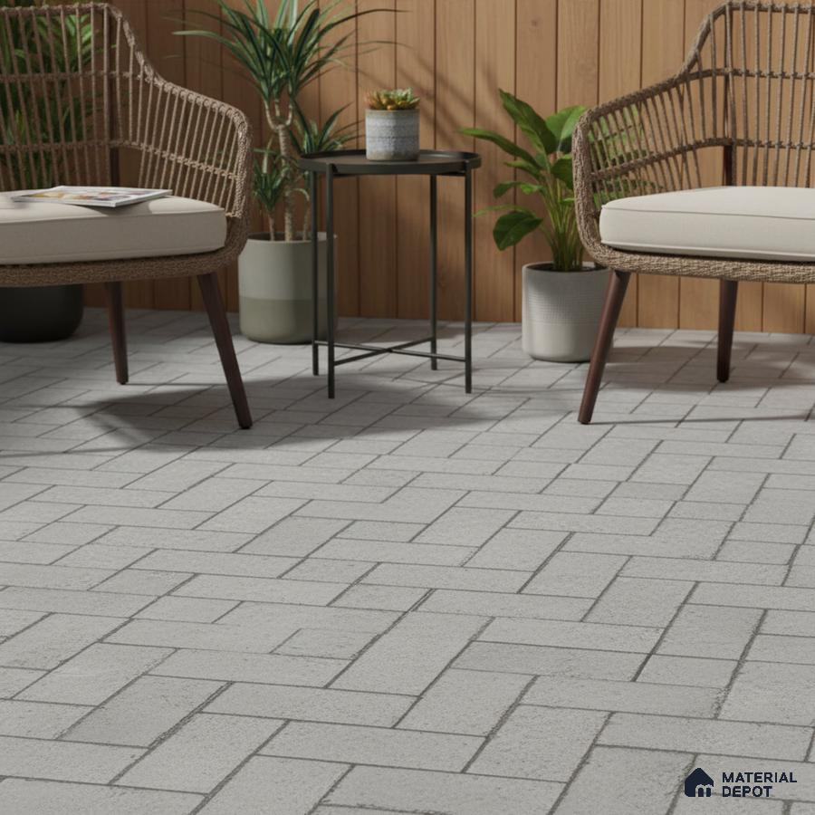 Scandinavian outdoor seating with light grey brick floor tiles and natural wood cladding
