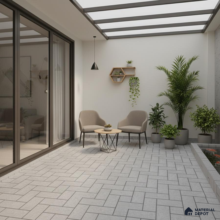 Minimalist balcony with light grey herringbone floor tiles and potted plants