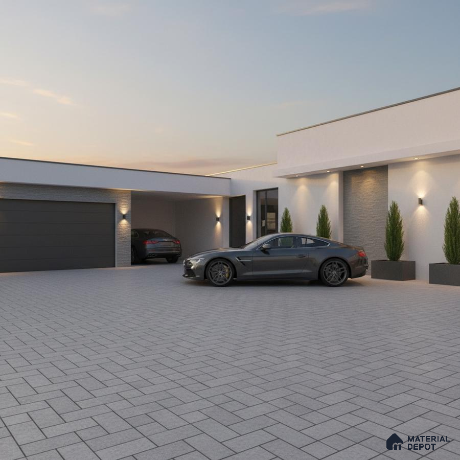 Modern parking area with grey stone cladding, light grey exterior paint, and geometric paver floor tiles