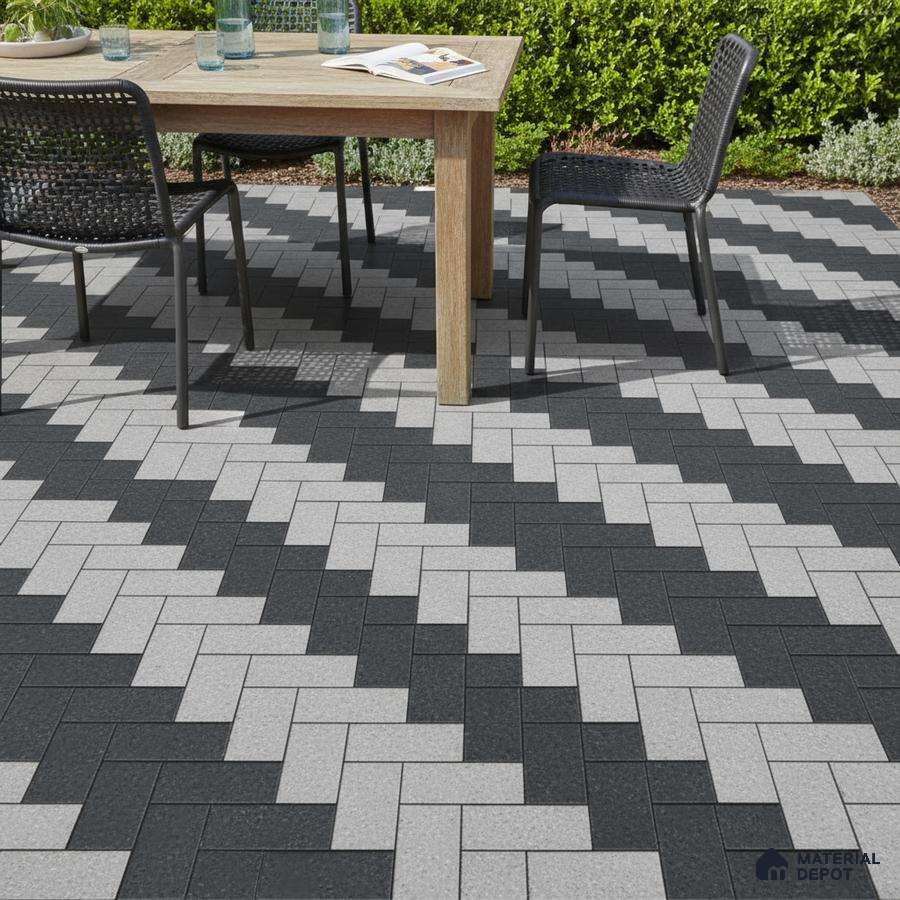 Modern outdoor patio with black and grey geometric floor tiles and wooden dining set