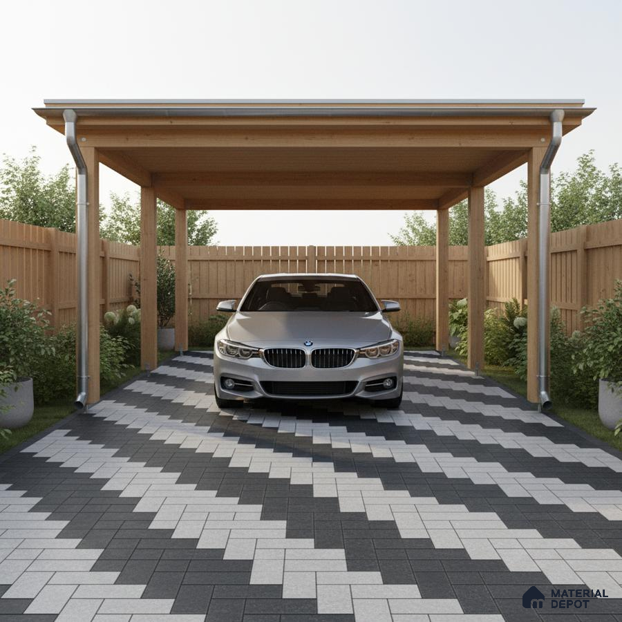 Modern parking with wooden carport and black-and-white geometric paver tiles