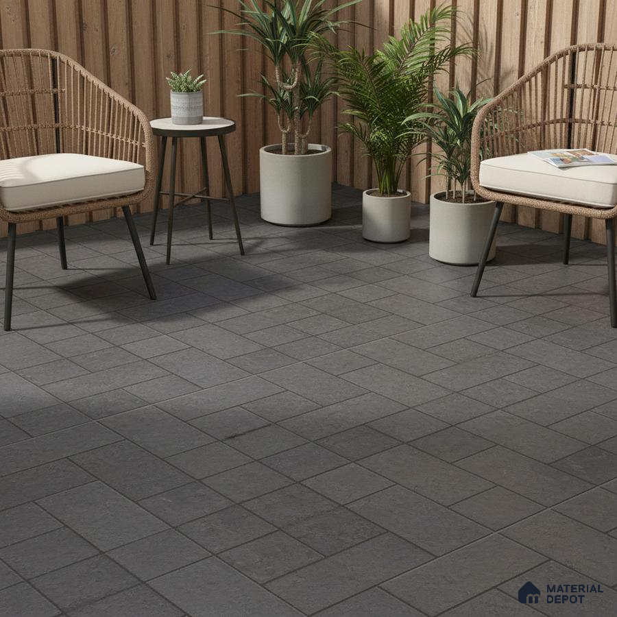 Scandinavian outdoor seating with grey stone floor tiles and vertical wood cladding