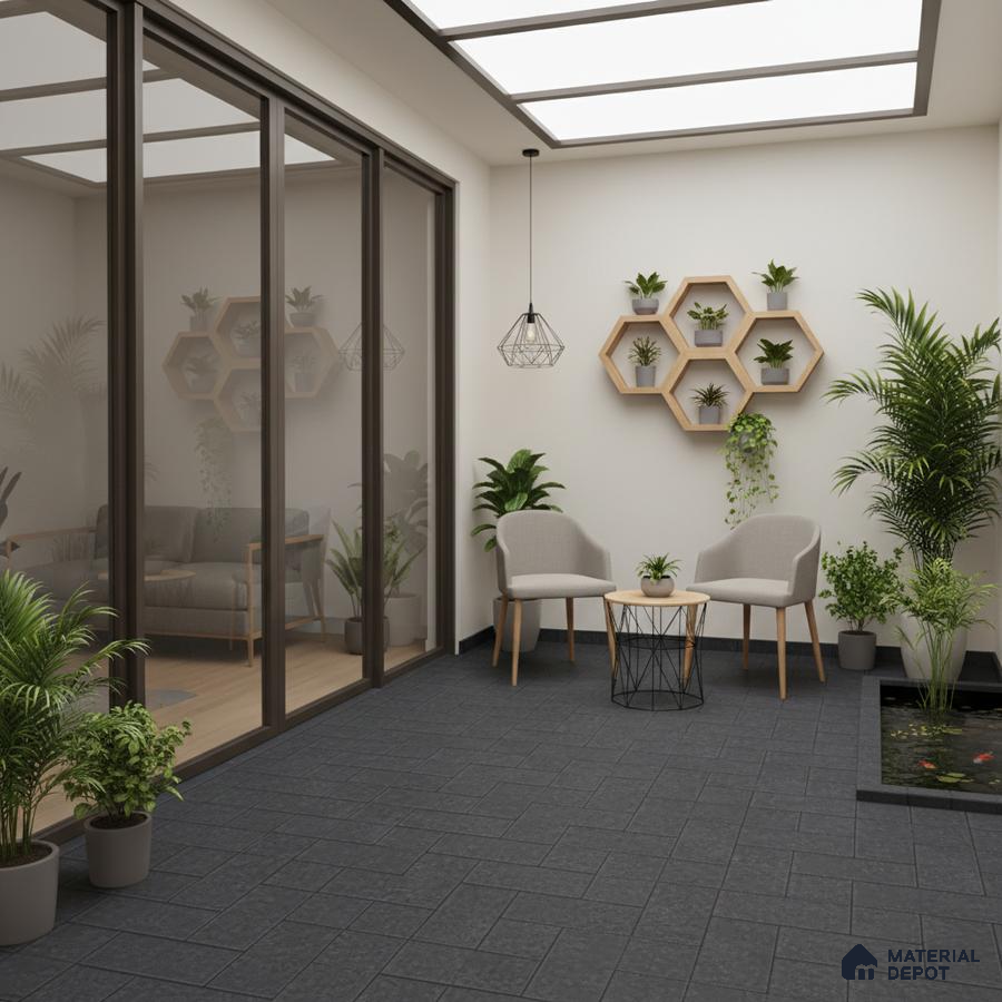 Scandinavian balcony with charcoal stone floor tiles and wooden hexagonal wall shelves
